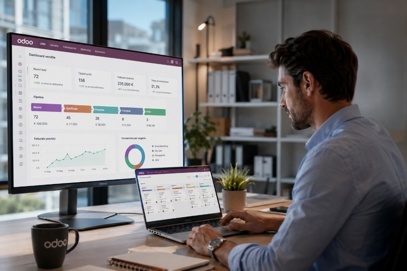 Manager utilizza Odoo ERP per gestire vendite, CRM, fatturazione e reportistica da un'unica piattaforma integrata