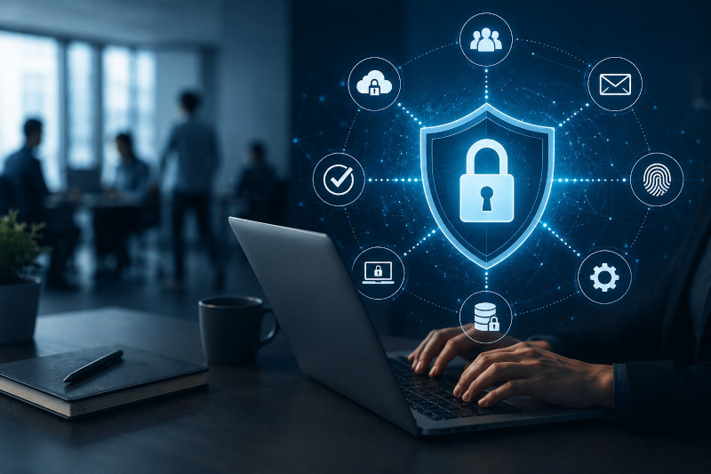 Rappresentazione della cybersicurezza aziendale con protezione integrata di dati, utenti e infrastrutture IT. Rappresentazione della cybersicurezza aziendale con protezione integrata di dati, utenti e infrastrutture IT.